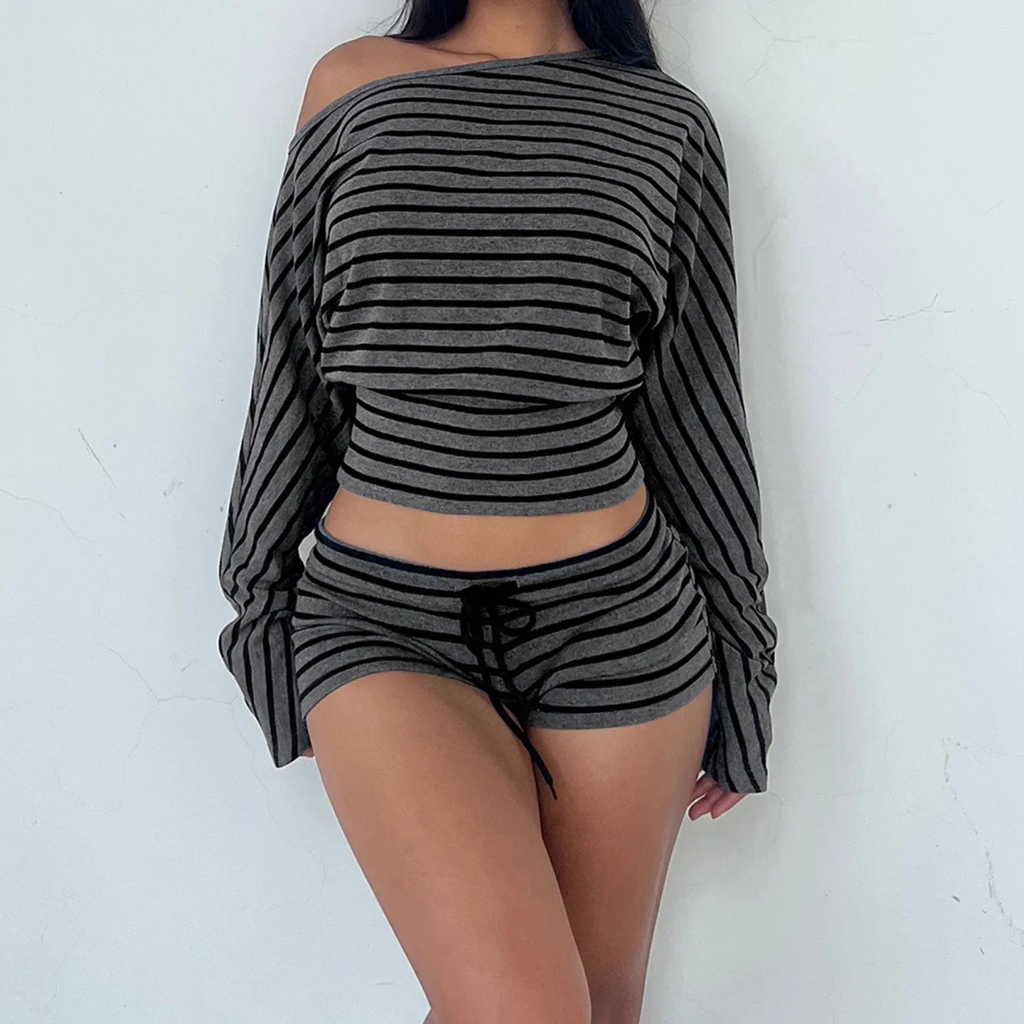 Women Summer 2 Piece Outfits Fall Stylish Long Sleeve Off Shoulder Striped Crop Tops and Elastic Waist Shorts Set Y2k Clothes