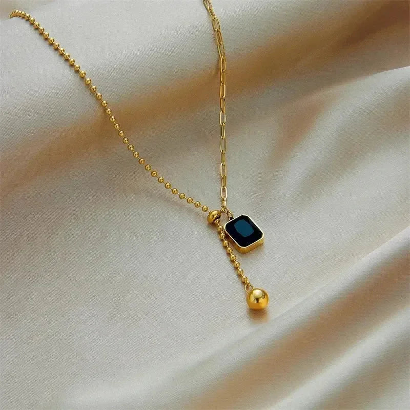 DIEYURO 316L Stainless Steel Zircon Necklace For Women Designer Gold Color Square Bead Pendant Necklaces Girls Body Jewelry Gift