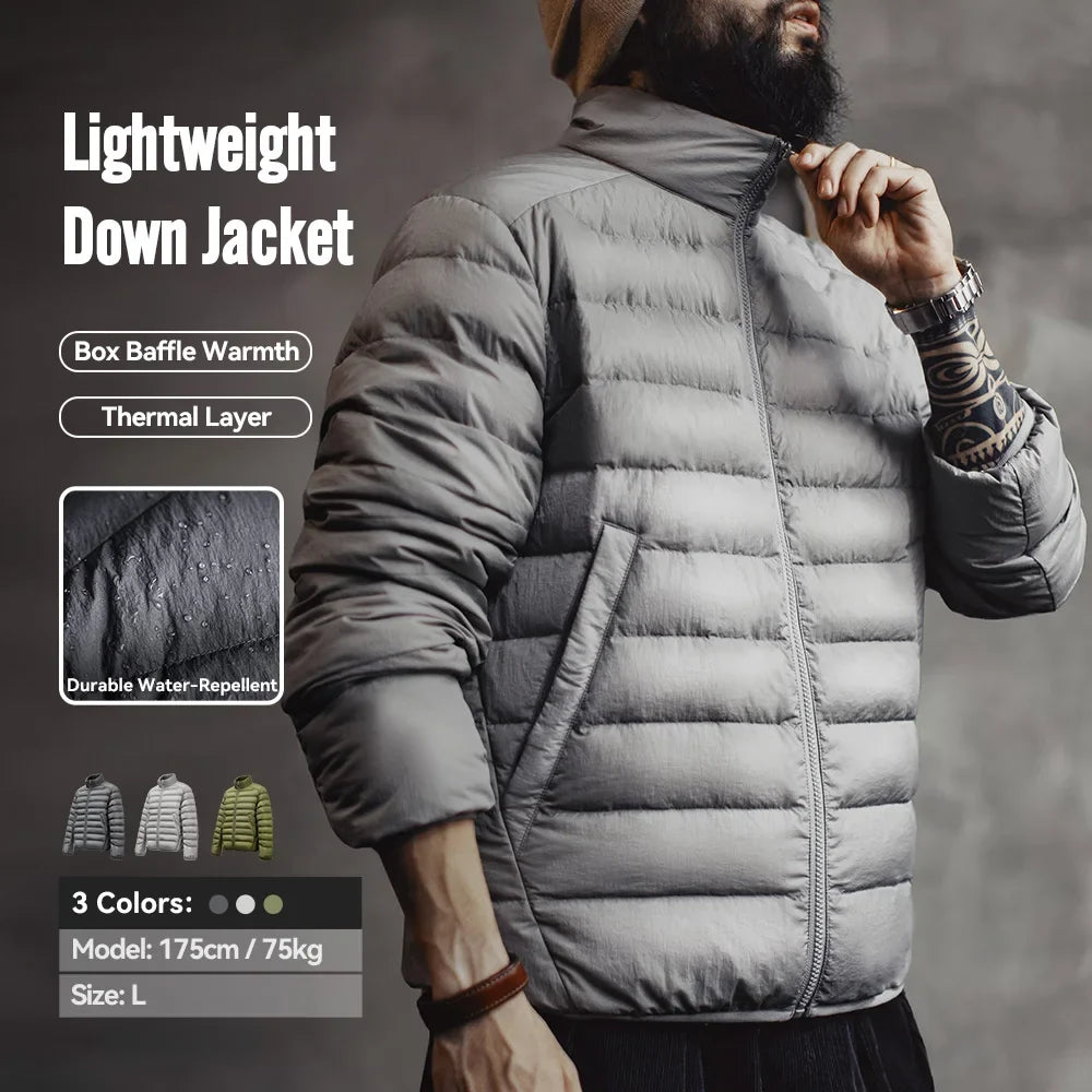 Maden Winter Men's Stand-up Collar Down Jacket Lightweight Hydrophobic White Duck Down Filling Coat Warm Inner Layer for Fall