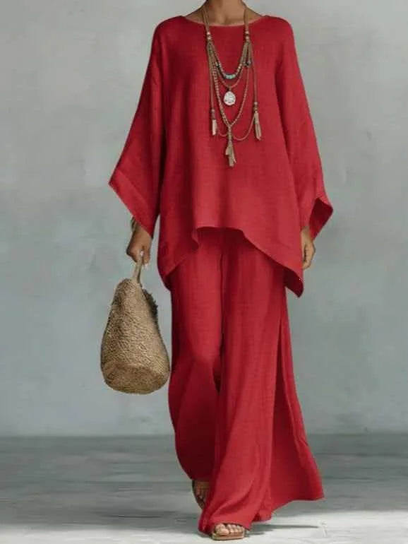 Women's Elegant Loose Round Neck Top Wide Leg Pants Set Casual Simple Long Sleeve Solid Color Two-Piece Set