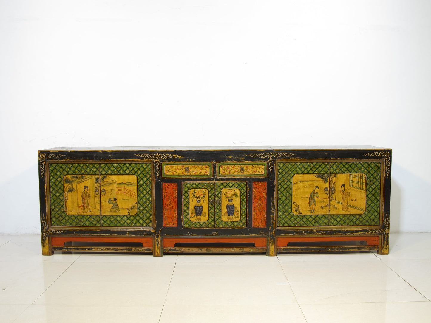 9 Feet Long Hand Painted Antique Asian Sideboard
