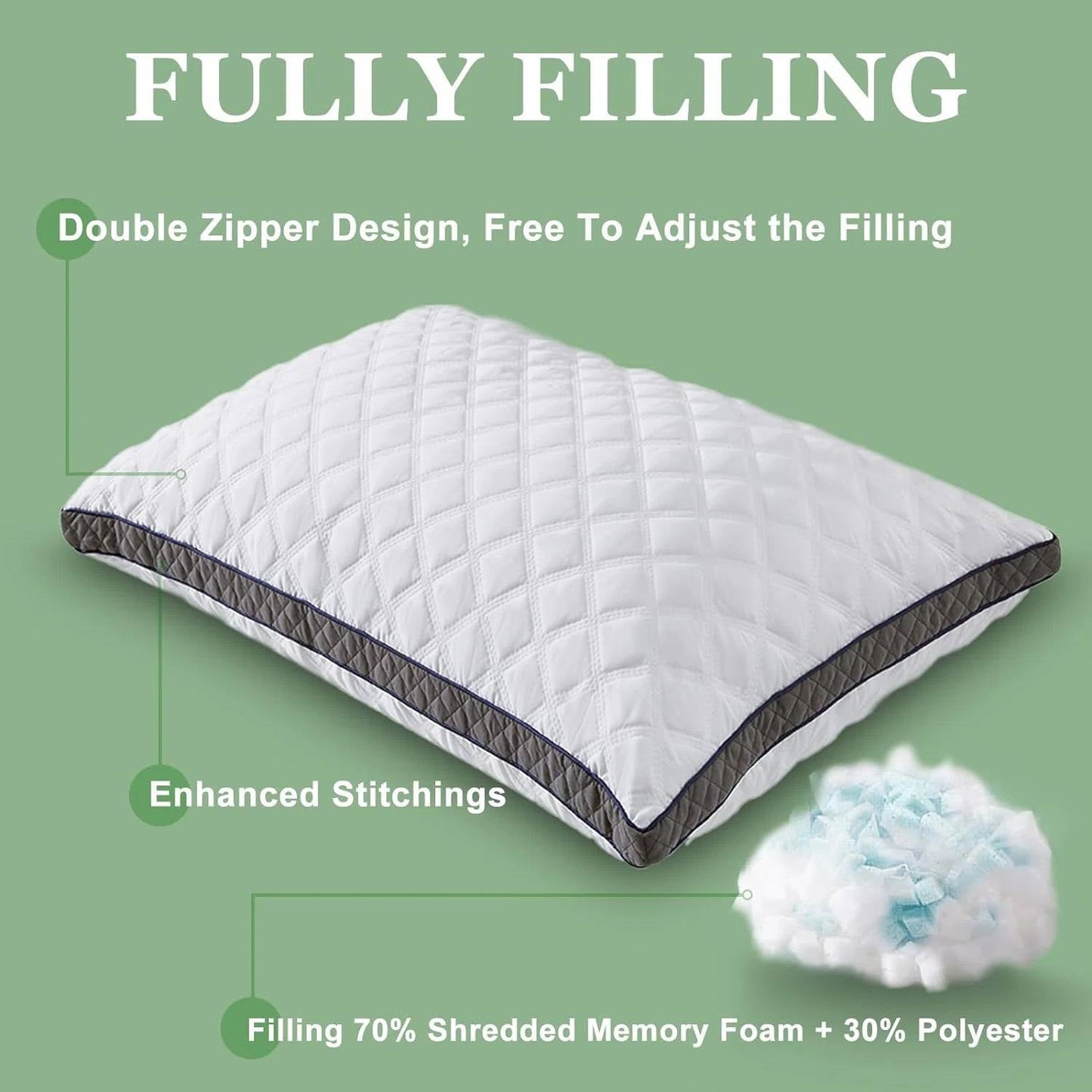 Juego de 2 almohadas de espuma viscoelástica triturada con funda extraíble tamaño estándar