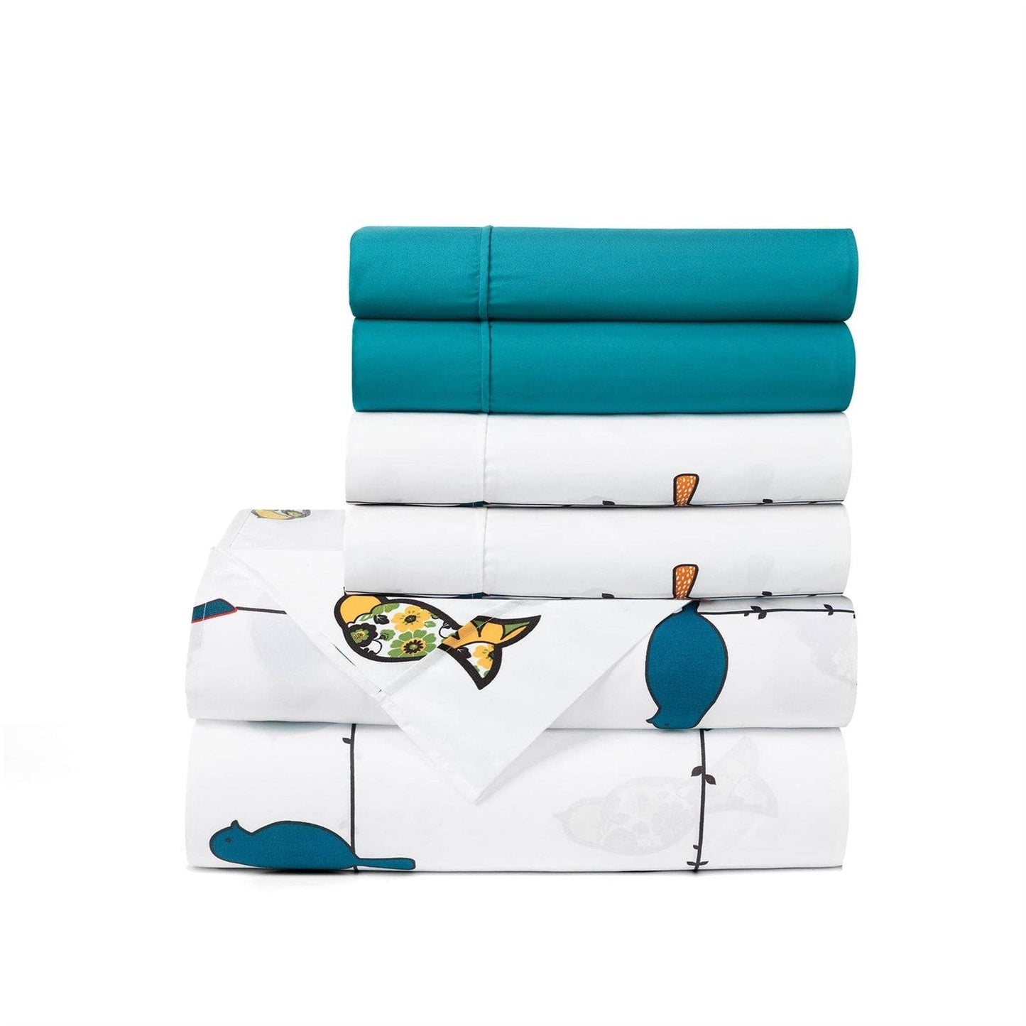 Juego de sábanas Queen de 6 piezas, poliéster suave, con diseño floral y pájaros en un alambre, en colores verde azulado, amarillo y blanco