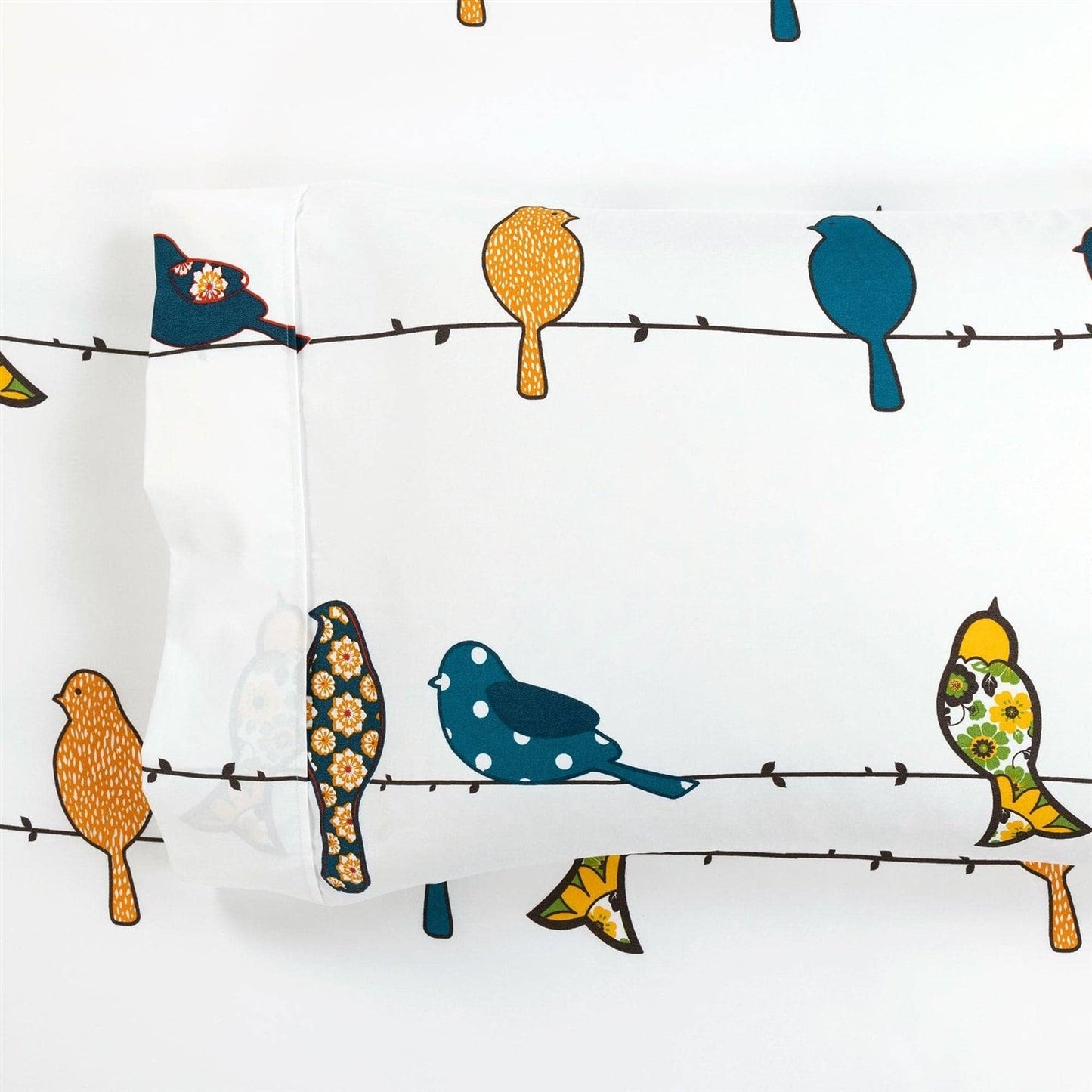 Juego de sábanas Queen de 6 piezas, poliéster suave, con diseño floral y pájaros en un alambre, en colores verde azulado, amarillo y blanco