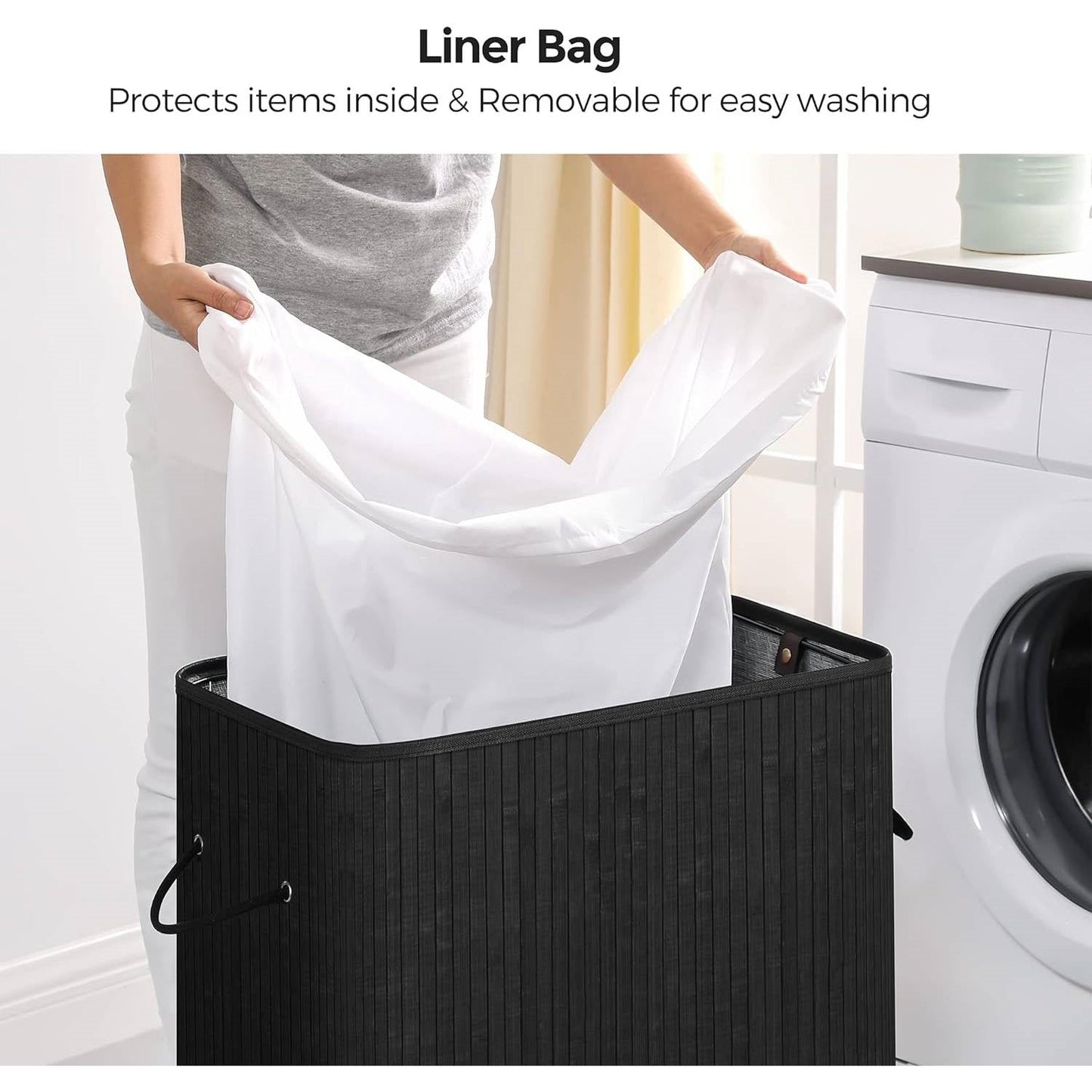 Cesto de ropa sucia de bambú negro de 98 litros con bolsa de algodón extraíble y lavable