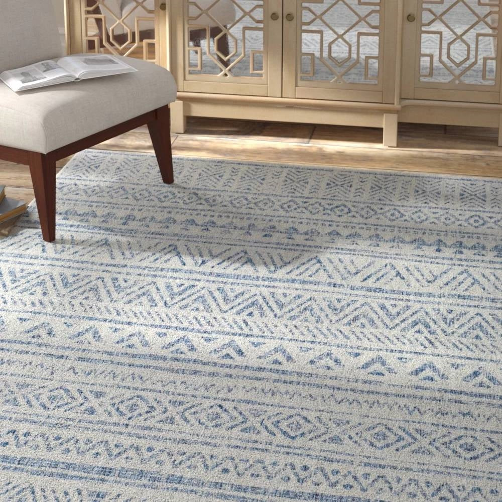 Alfombra para interiores y exteriores estilo bohemio costero con diseño de chevron azul gris de 1,98 m x 2,74 m