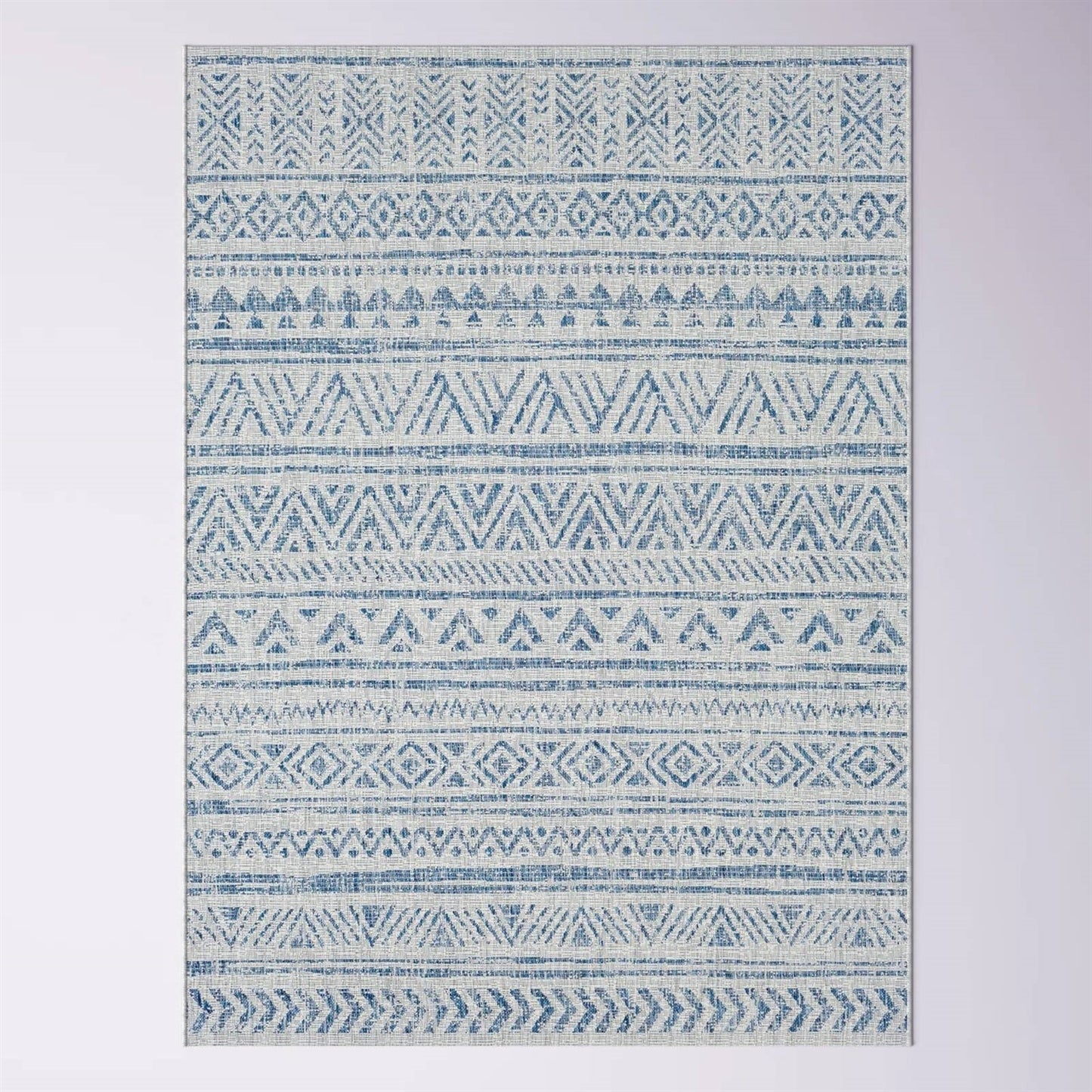 Alfombra para interiores y exteriores estilo bohemio costero con diseño de chevron azul gris de 1,98 m x 2,74 m