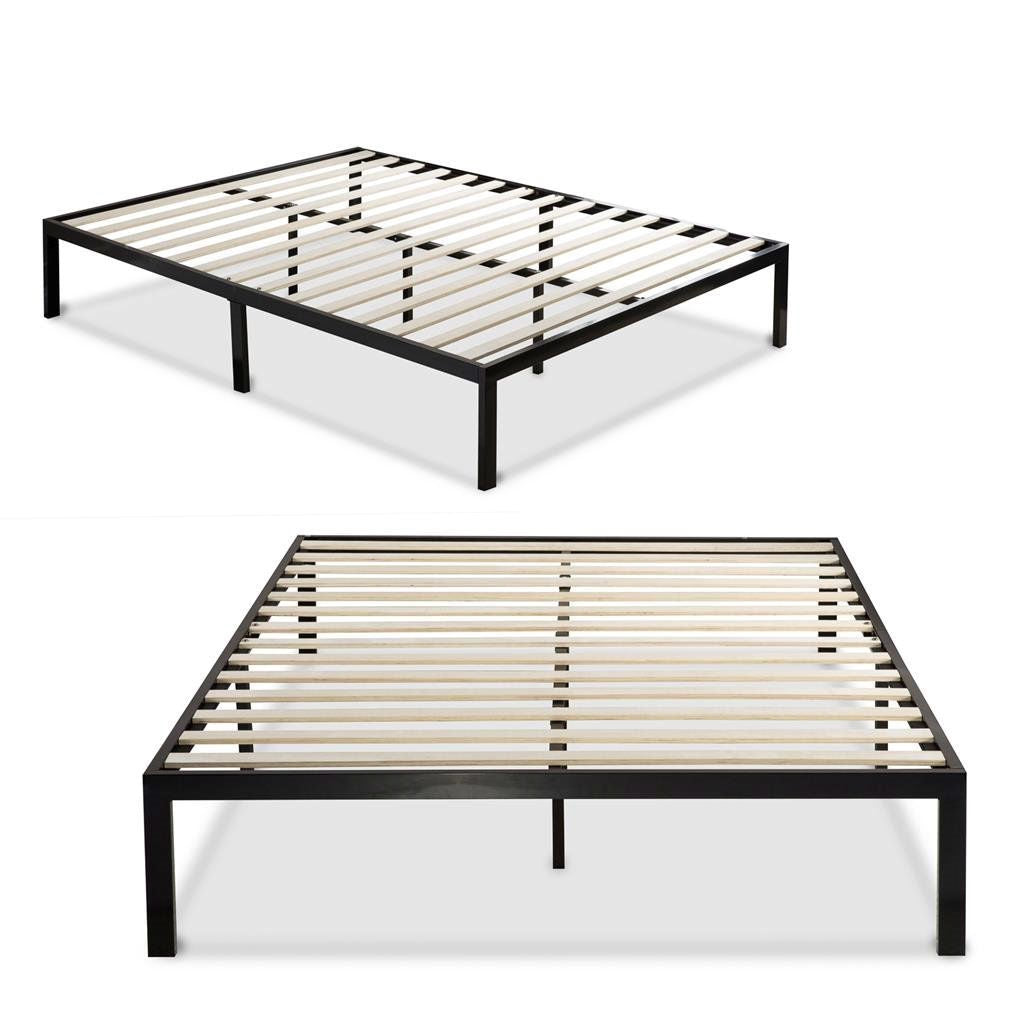 Base de cama tipo plataforma individual de metal negro con listones de madera