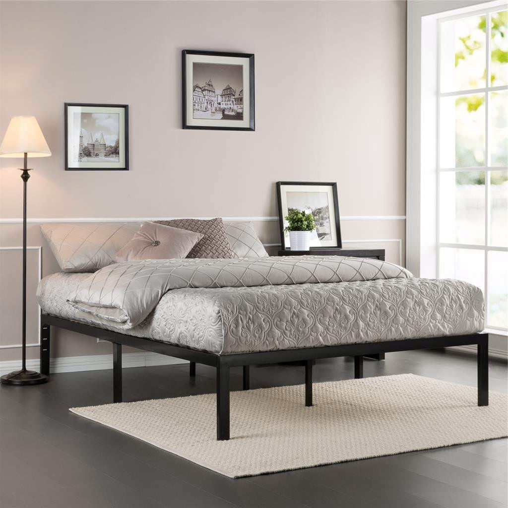 Base de cama tipo plataforma individual de metal negro con listones de madera