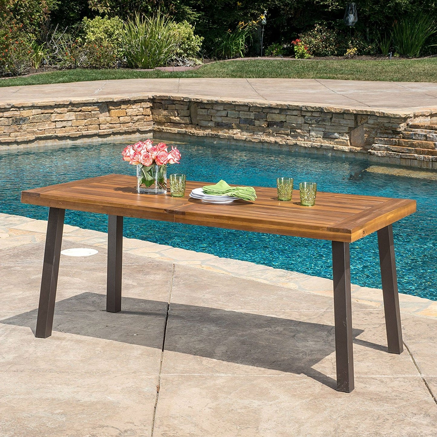 Mesa de comedor de patio exterior de madera de acacia de 69 x 32 pulgadas con acabado de teca
