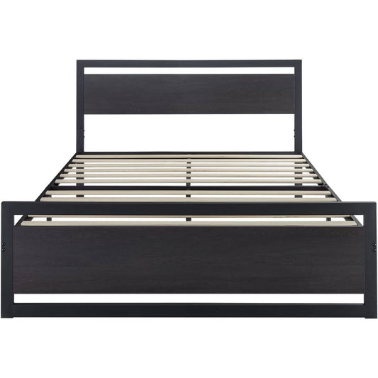 Base de cama Queen de plataforma de metal negro con cabecera y piecera de paneles de madera