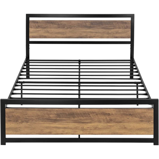 Base de cama tipo plataforma Queen de metal con cabecero y piecero de madera marrón