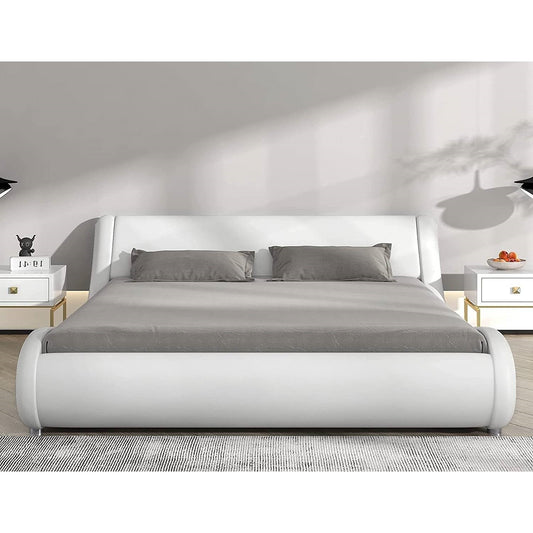 Estructura de cama con plataforma tapizada en piel sintética blanca moderna Queen con cabecero