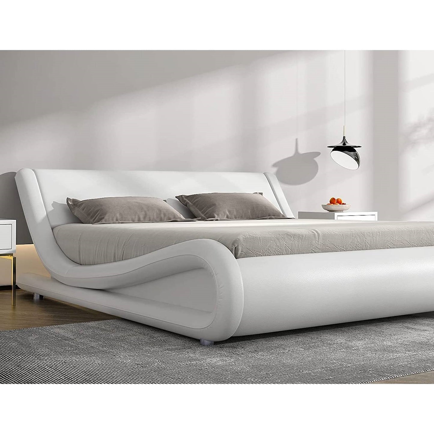 Estructura de cama con plataforma tapizada en piel sintética blanca moderna Queen con cabecero