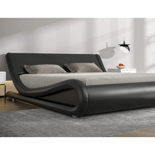 Base de cama Queen de plataforma tapizada en piel sintética negra moderna con cabecera