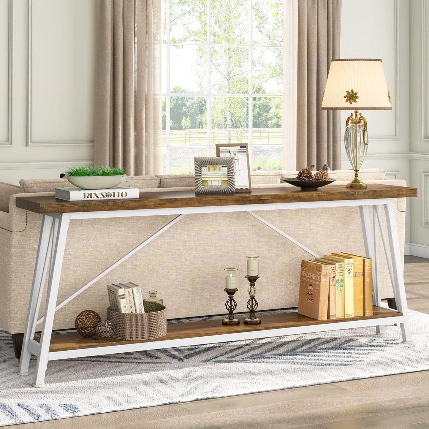 Mesa de Sofá Industrial de 70 Pulgadas con Tapa de Madera Marrón y Estructura de Metal Blanco de Alta Resistencia