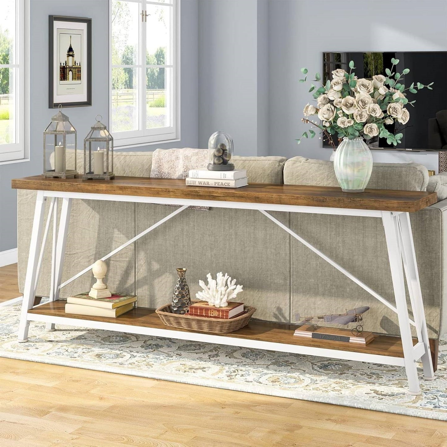 Mesa de Sofá Industrial de 70 Pulgadas con Tapa de Madera Marrón y Estructura de Metal Blanco de Alta Resistencia