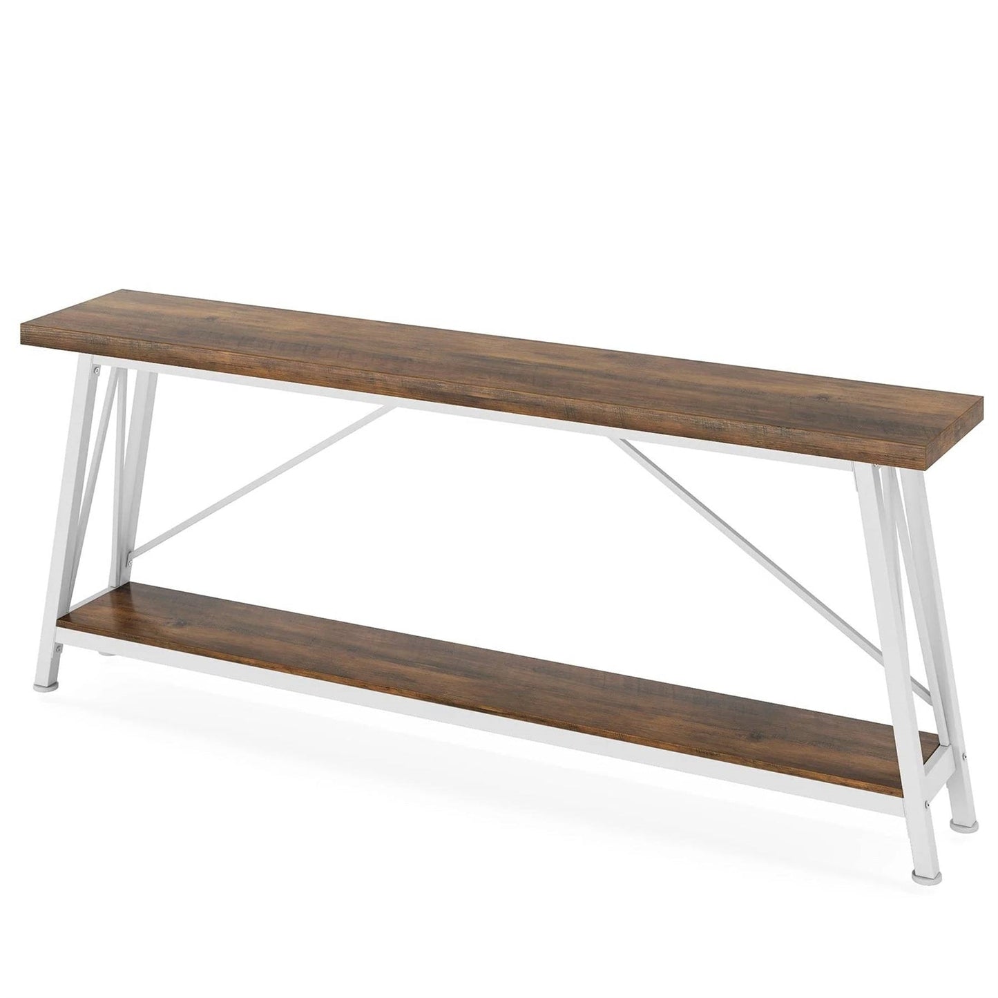Mesa de Sofá Industrial de 70 Pulgadas con Tapa de Madera Marrón y Estructura de Metal Blanco de Alta Resistencia
