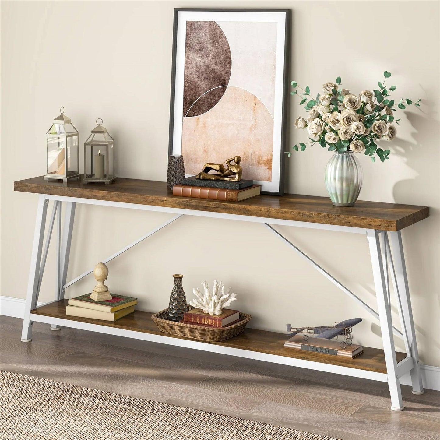 Mesa de Sofá Industrial de 70 Pulgadas con Tapa de Madera Marrón y Estructura de Metal Blanco de Alta Resistencia
