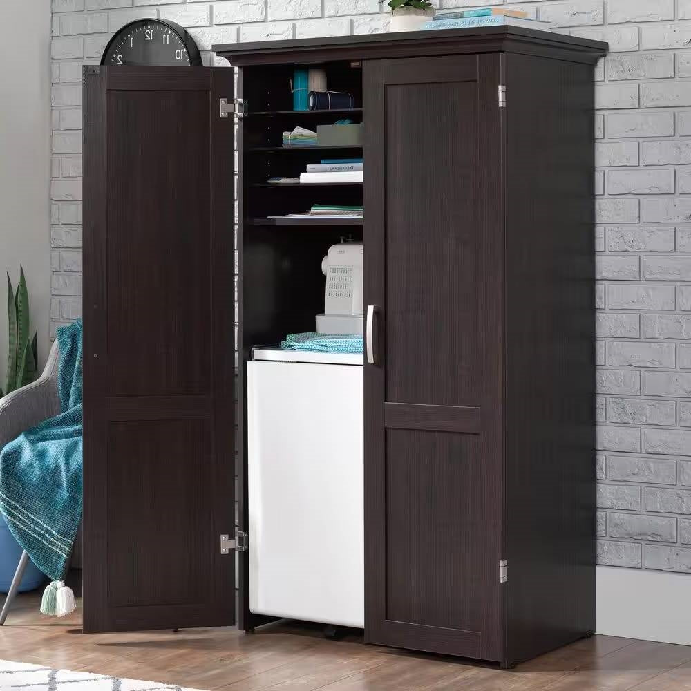 Armario con escritorio de ordenador y mesa para manualidades con superficie abatible, con acabado en madera marrón oscuro