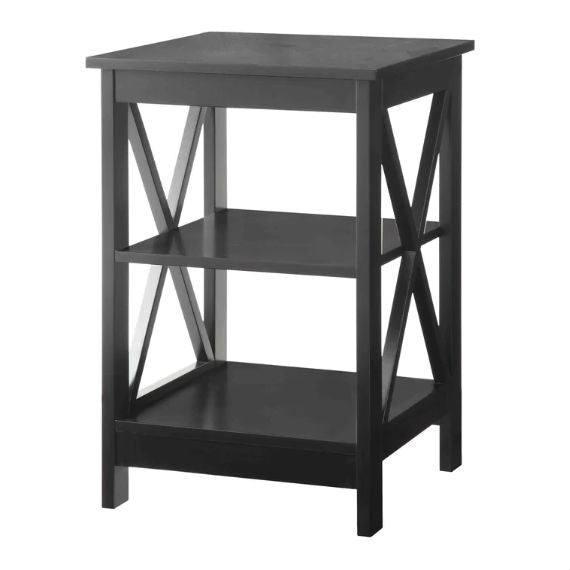 Mesa auxiliar de noche con diseño en X de madera negra con 3 estantes abiertos