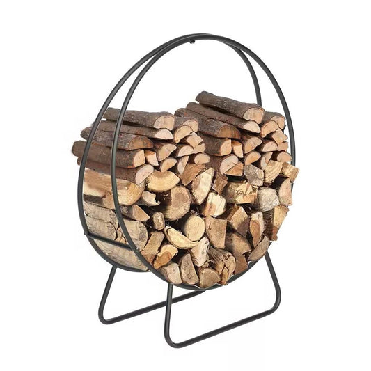 Leñero circular de 2 pies de acero con recubrimiento de polvo negro para interior/exterior
