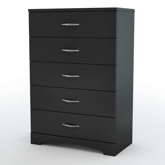 Cómoda de dormitorio moderna de 5 cajones con acabado de madera negra