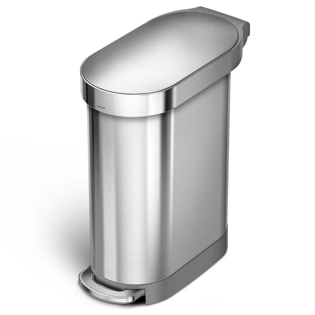 Bote de basura de cocina estrecho de acero inoxidable de 12 galones con tapa de pedal fácil