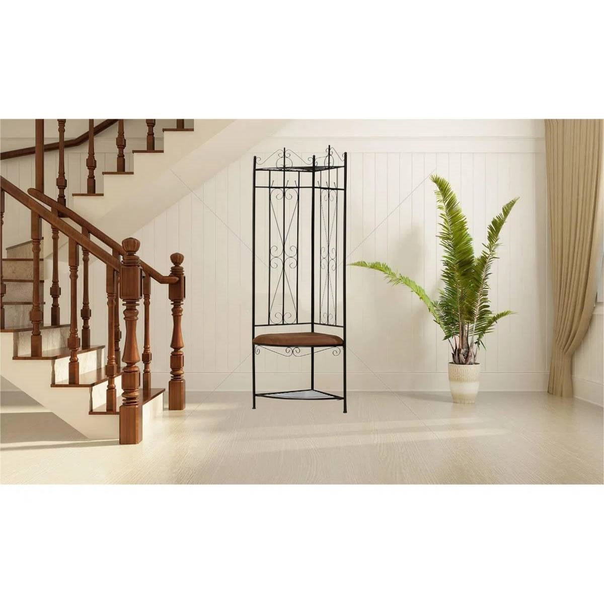 Black Metal Scrolling Corner Hall Tree Coat Rack Storage Bench