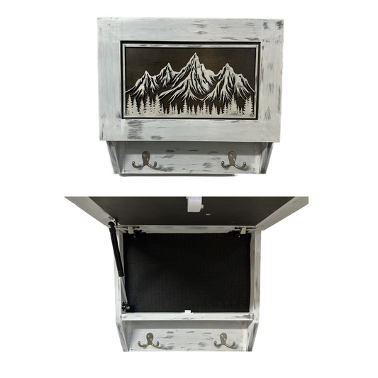 Snowcapped Mountain Scene Wall-Mounted Gun Cabinet – Hidden Lockable Storage with Rustic Charm