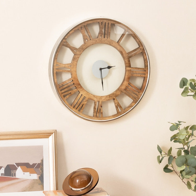 Reloj de pared clásico de 16 pulgadas con números romanos de madera natural estilo rústico