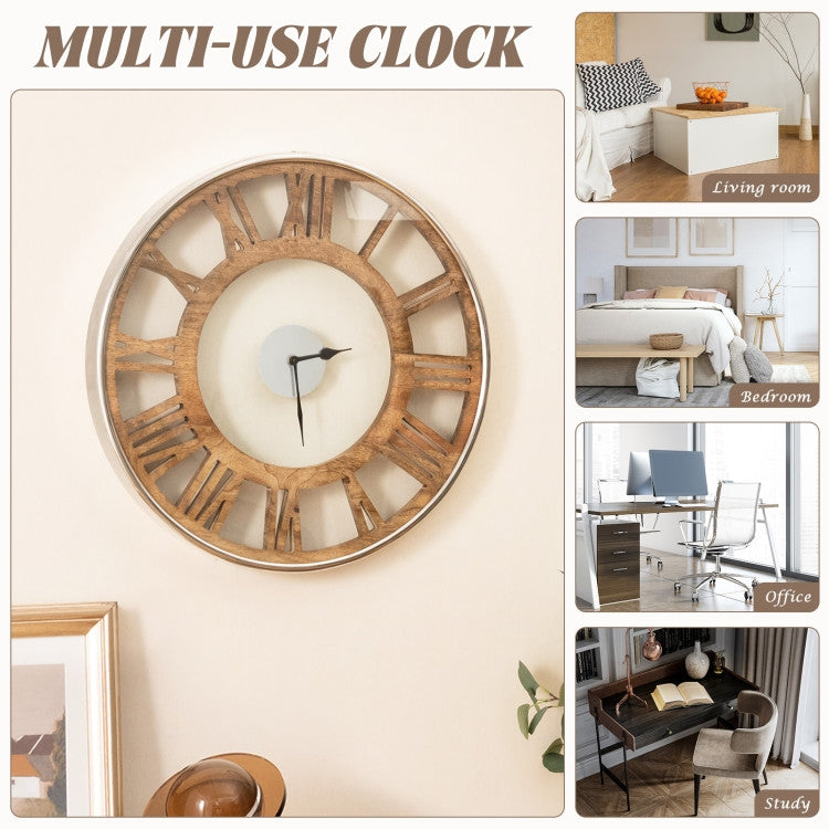 Reloj de pared clásico de 16 pulgadas con números romanos de madera natural estilo rústico