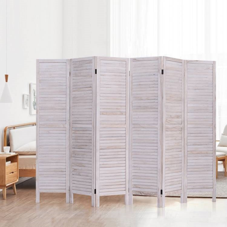 Separador de ambientes de rejilla clásica de 6 paneles con acabado de madera blanca