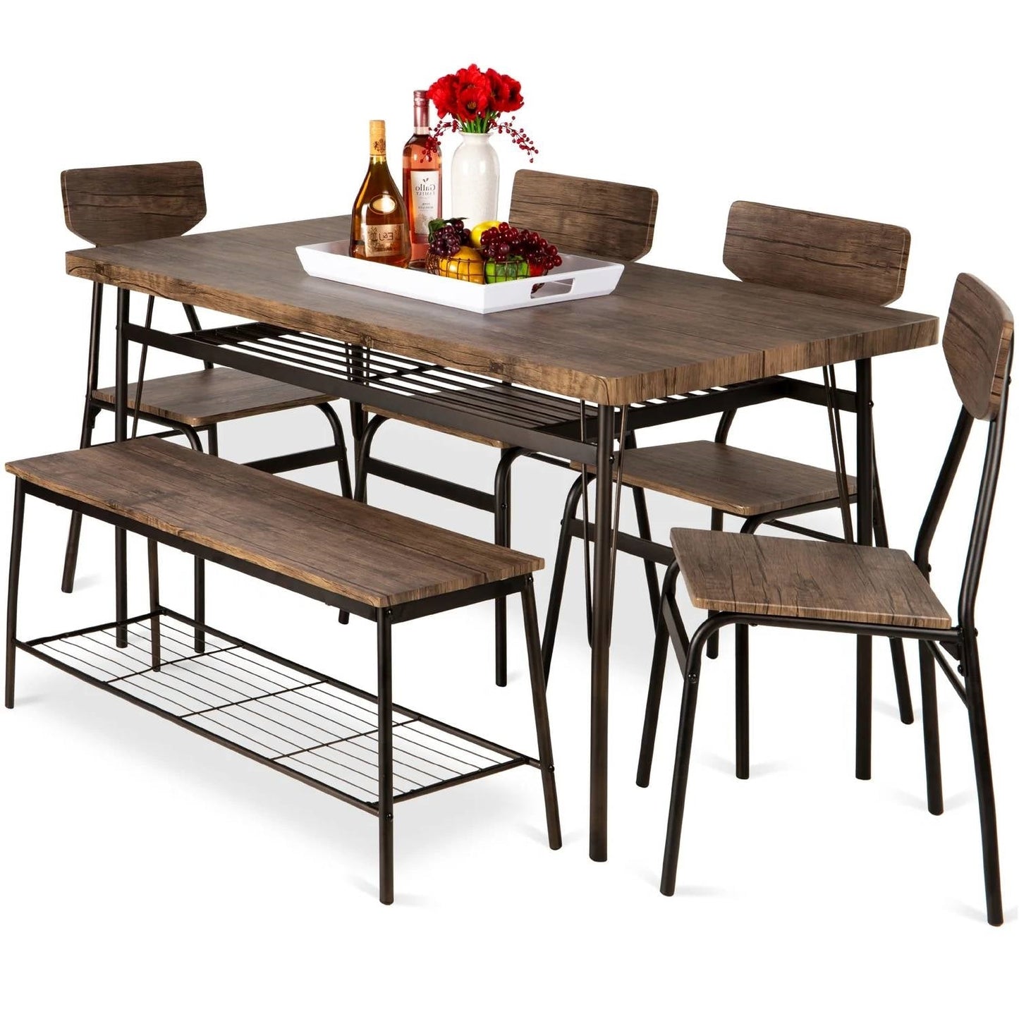Moderno juego de comedor de 6 piezas con mesa con tapa de madera marrón, 4 sillas y banco de almacenamiento