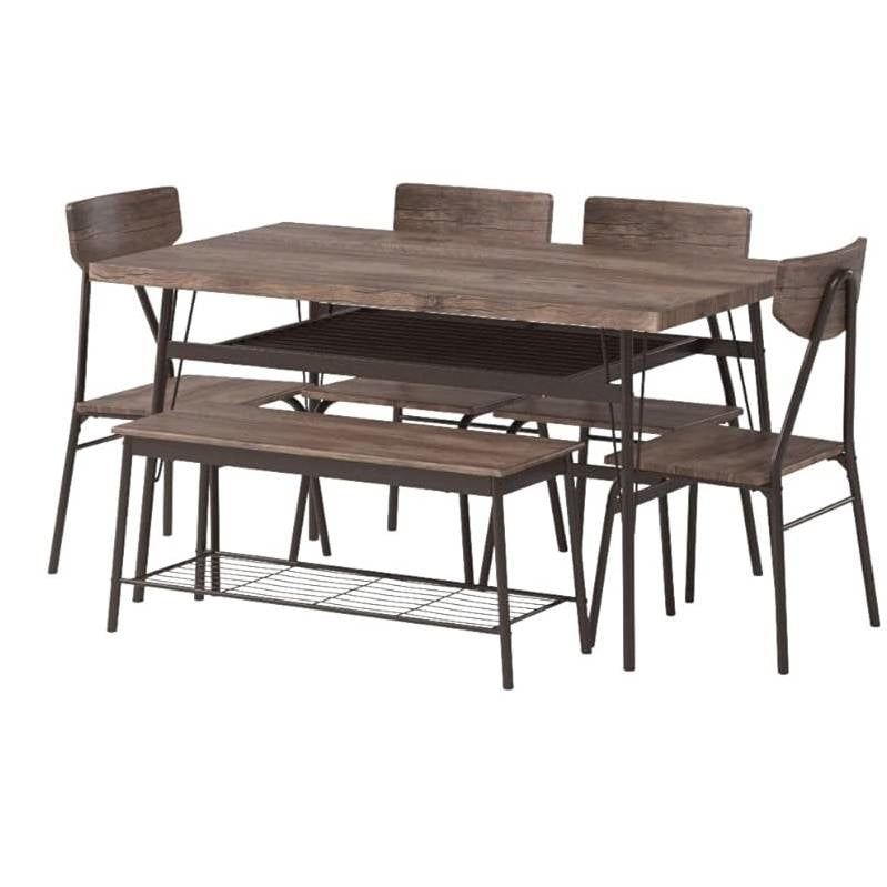 Moderno juego de comedor de 6 piezas con mesa con tapa de madera marrón, 4 sillas y banco de almacenamiento