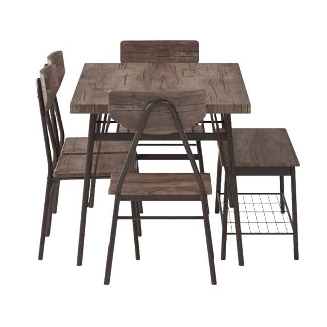Moderno juego de comedor de 6 piezas con mesa con tapa de madera marrón, 4 sillas y banco de almacenamiento