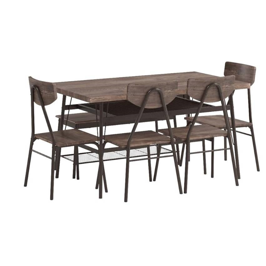 Moderno juego de comedor de 6 piezas con mesa con tapa de madera marrón, 4 sillas y banco de almacenamiento