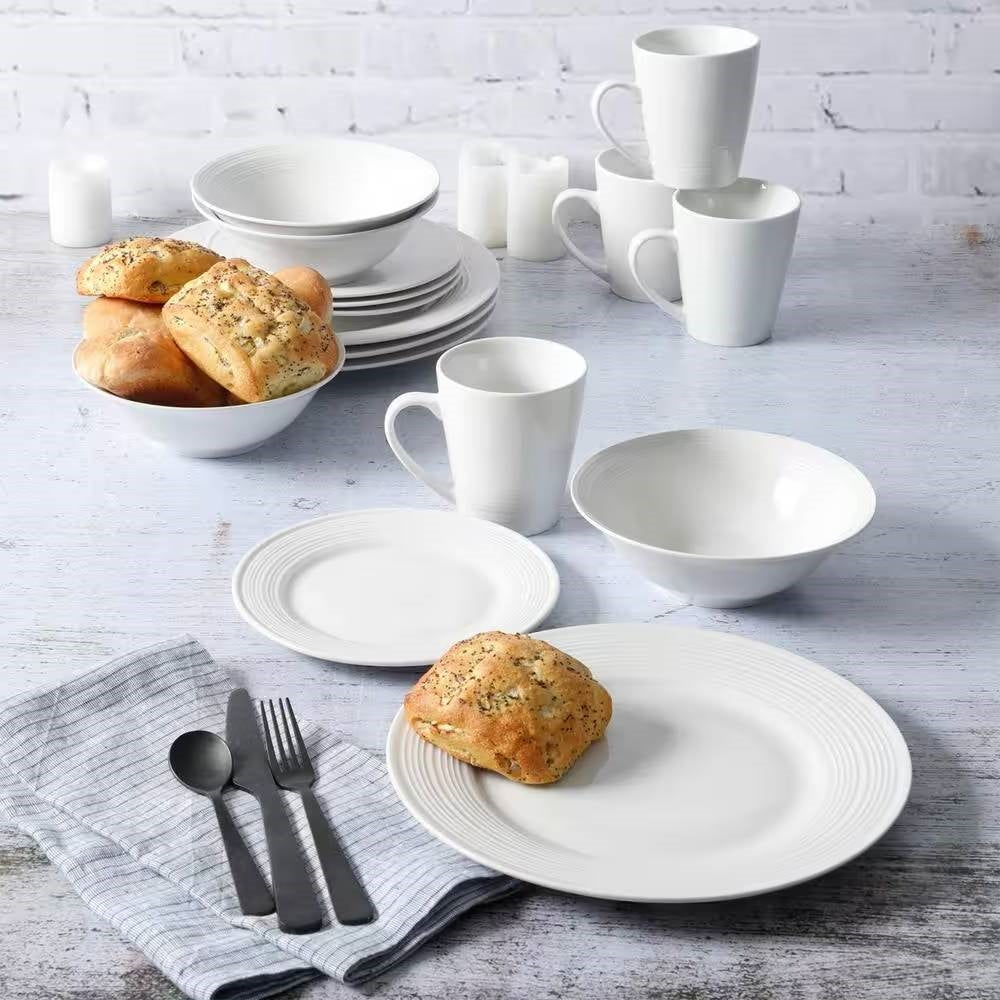 Juego de vajilla de cerámica blanca de 16 piezas con cuencos, platos y tazas - Servicio para 4 personas