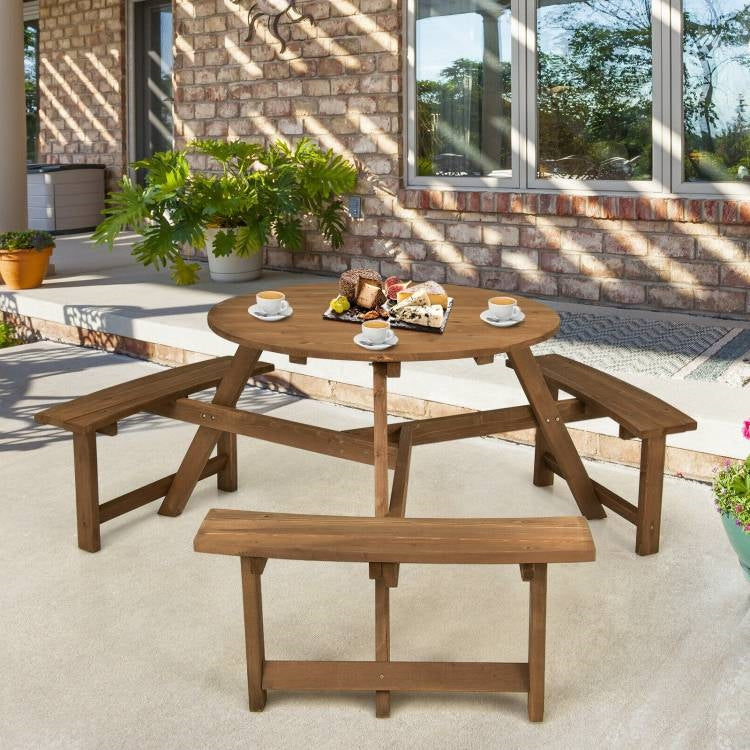 Mesa de picnic redonda de madera maciza para exterior con orificio para sombrilla y 3 bancos