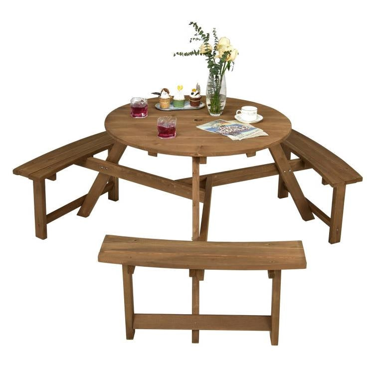 Mesa de picnic redonda de madera maciza para exterior con orificio para sombrilla y 3 bancos