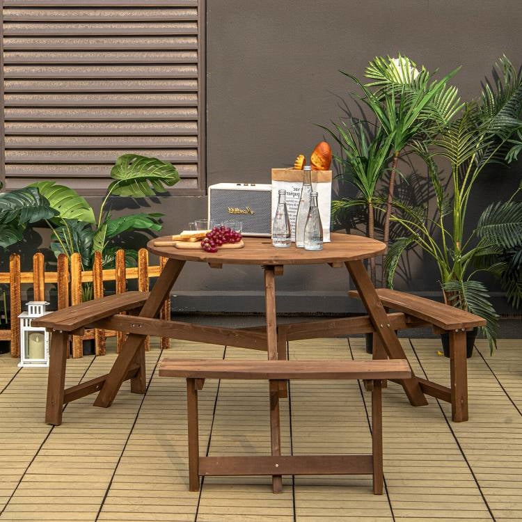 Mesa de picnic redonda de madera maciza para exterior con orificio para sombrilla y 3 bancos