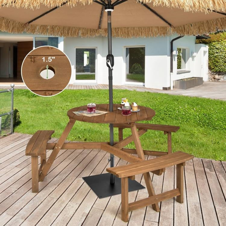 Mesa de picnic redonda de madera maciza para exterior con orificio para sombrilla y 3 bancos