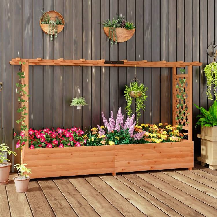 Macetero elevado rectangular de madera de abeto macizo con espaldera lateral