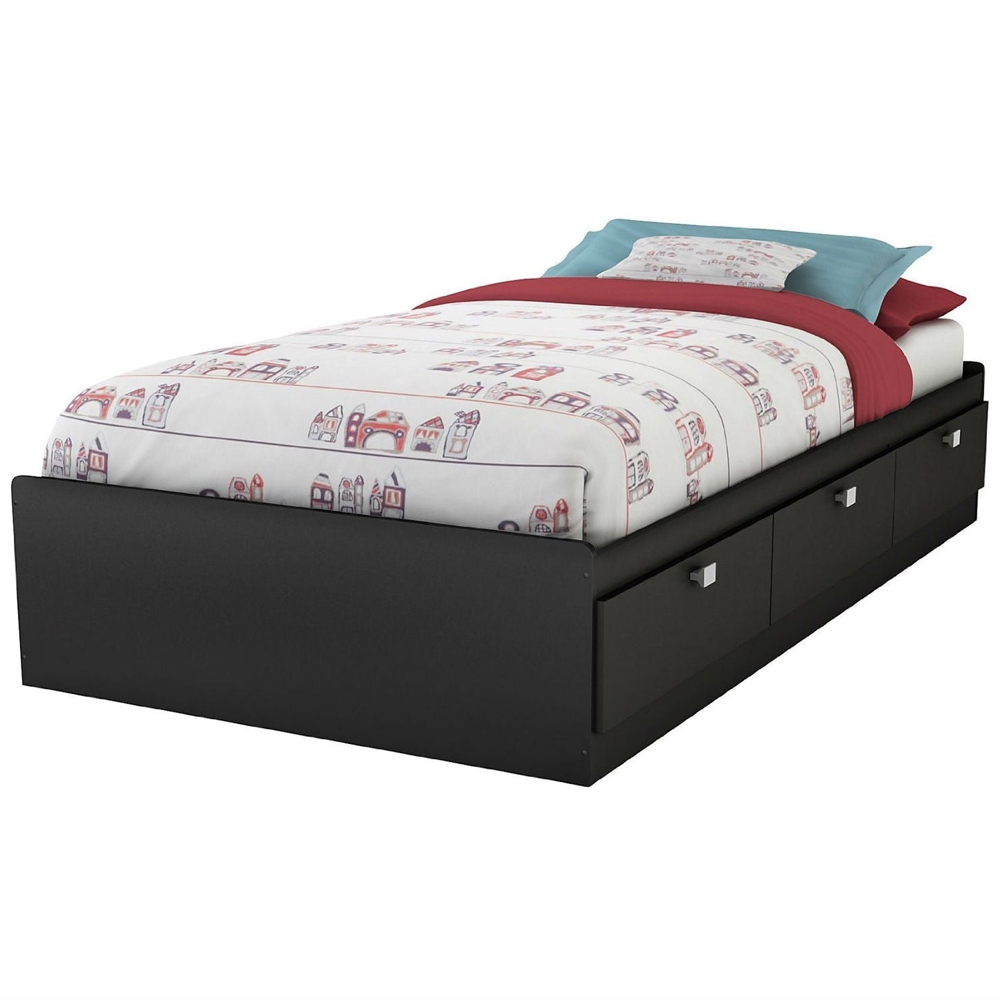 Cama Plataforma Individual con 3 Cajones de Almacenamiento en Acabado Negro