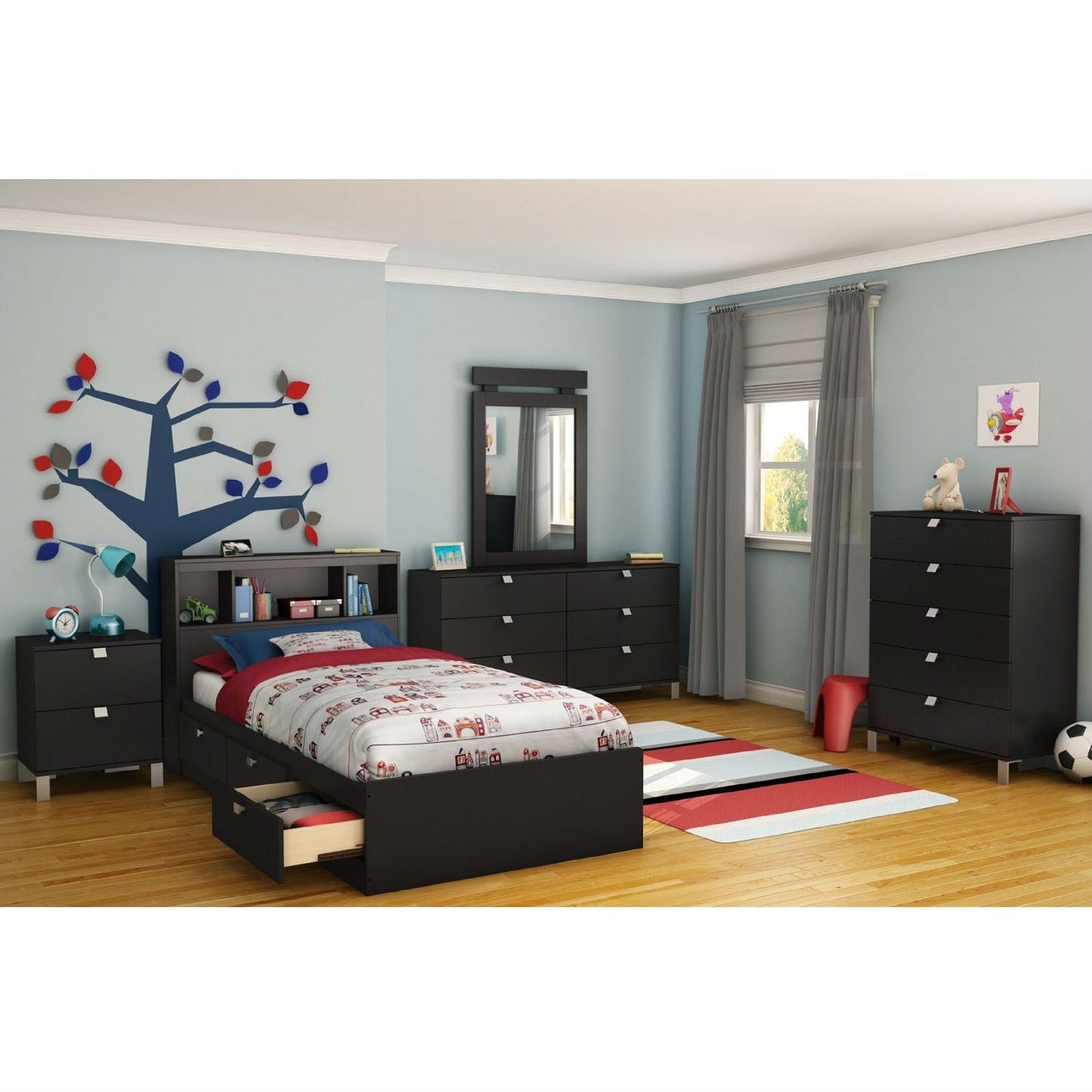 Cama Plataforma Individual con 3 Cajones de Almacenamiento en Acabado Negro