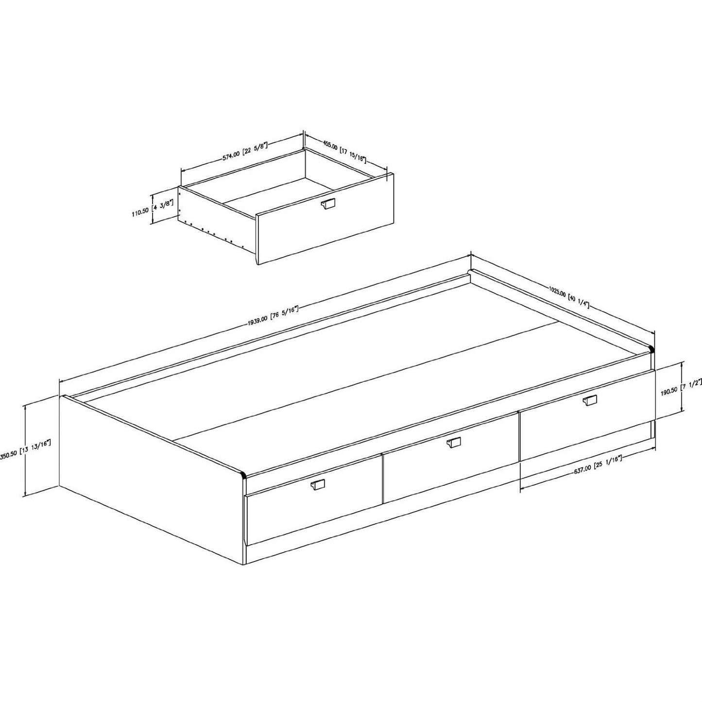 Cama Plataforma Individual con 3 Cajones de Almacenamiento en Acabado Negro