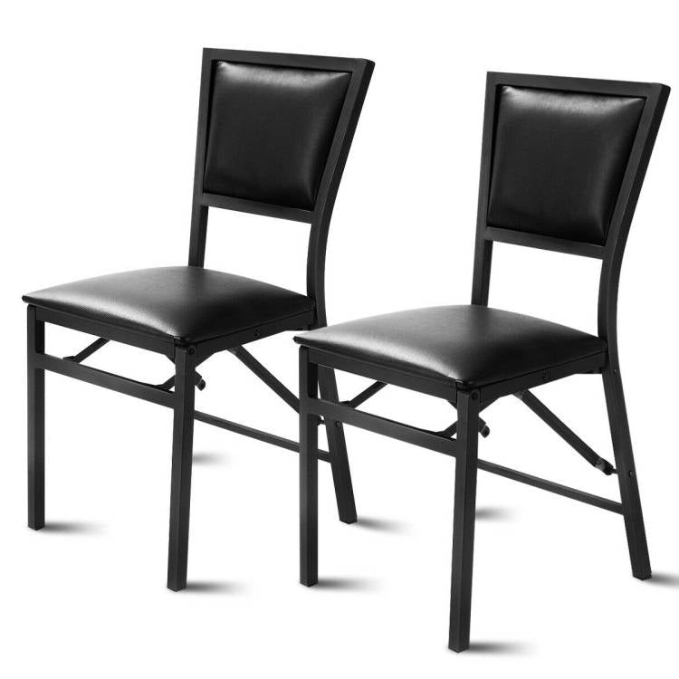 Juego de 2 - Sillas de Comedor Plegables Modernas de Metal Negro con Asiento Acolchado de Cuero Sintético