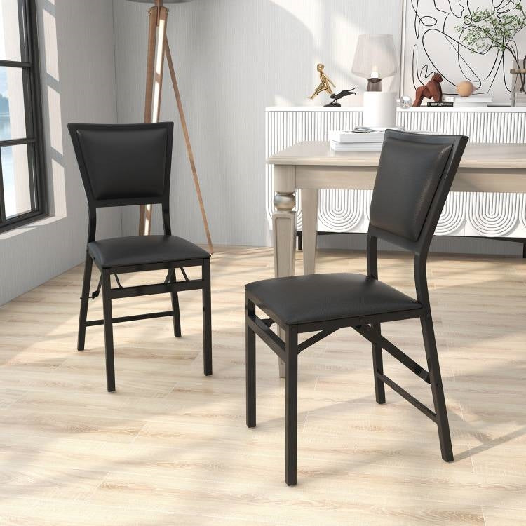 Juego de 2 - Sillas de Comedor Plegables Modernas de Metal Negro con Asiento Acolchado de Cuero Sintético