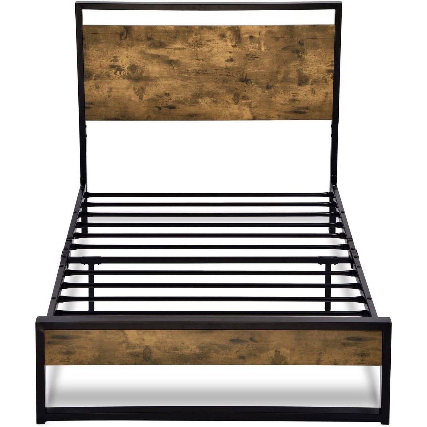 Base de cama de plataforma doble de metal y madera con cabecera industrial