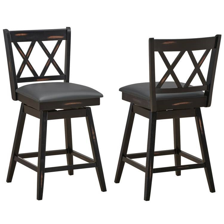 Juego de 2 taburetes de bar giratorios de madera negra de 24 pulgadas, altura de mostrador, estilo rústico, con asiento acolchado
